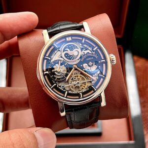 ساعت مچی مردانه پتک فیلیپ اوپن هارد صفحه آبی بند چرمی مشکی دور رزگلد Patek Philippe