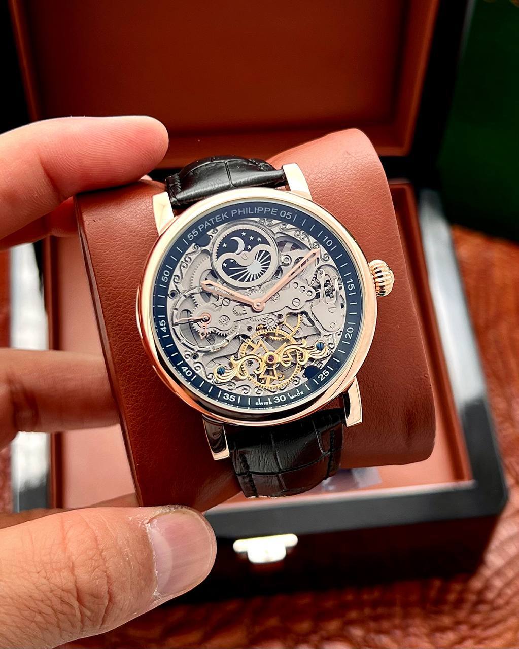ساعت مچی مردانه پتک فیلیپ اوپن هارد بند چرمی Patek Philippe