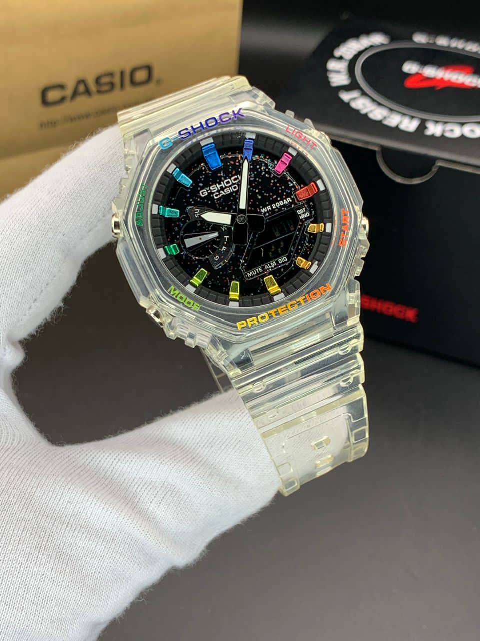 ساعت مچی کاسیو جیشاک مدل GA-2100 صفحه مشکی رنگی بند شفاف