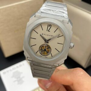 ساعت مچی مردانه بولگاری اتومات توربیلون صفحه خاکی طرحدار بند استیل روشن