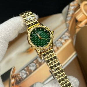 ساعت مچی زنانه رومنسون کلاسیک صفحه گرد سبز تیره نگین دار بند طلایی