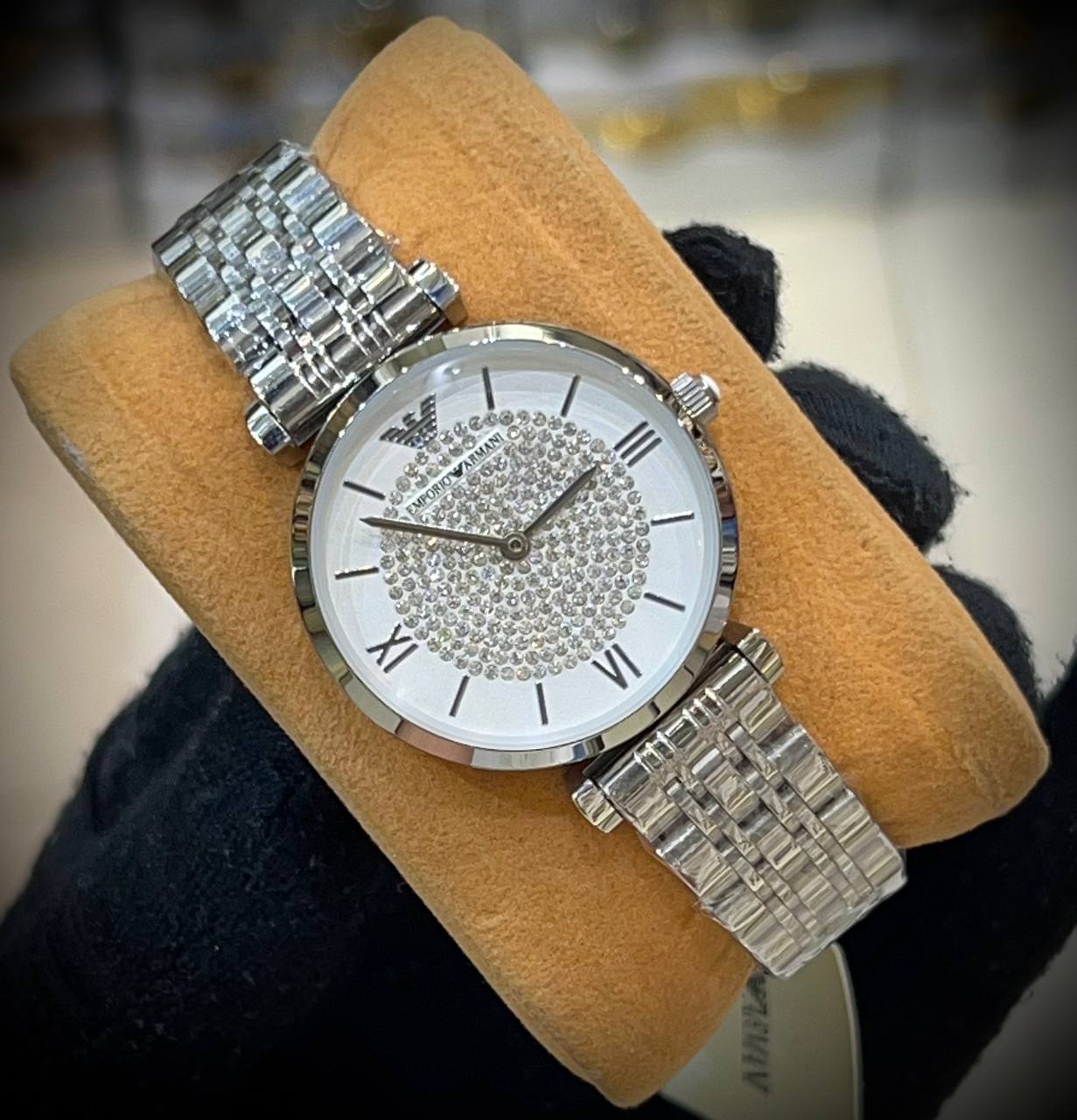 ساعت مچی زنانه امپریو ارمانی بند فلزی (6) صفحه سفید نگین دار بند استیل