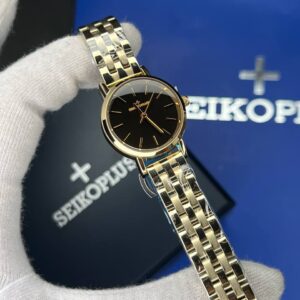 ساعت مچی زنانه سیکو پلاس SEIKO PLUS+ صفحه مشکی اندیس خطی بند طلایی