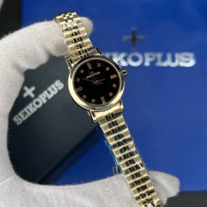 ساعت مچی زنانه سیکو پلاس SEIKO PLUS+ صفحه مشکی نگین دار بند طلایی