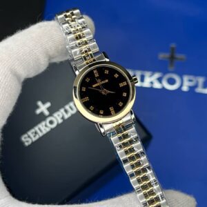 ساعت مچی زنانه سیکو پلاس SEIKO PLUS+ صفحه مشکی نگین دار بند استیل طلایی
