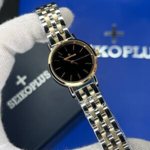 ساعت مچی زنانه سیکو پلاس SEIKO PLUS+ صفحه مشکی اندیس خطی بند استیل طلایی