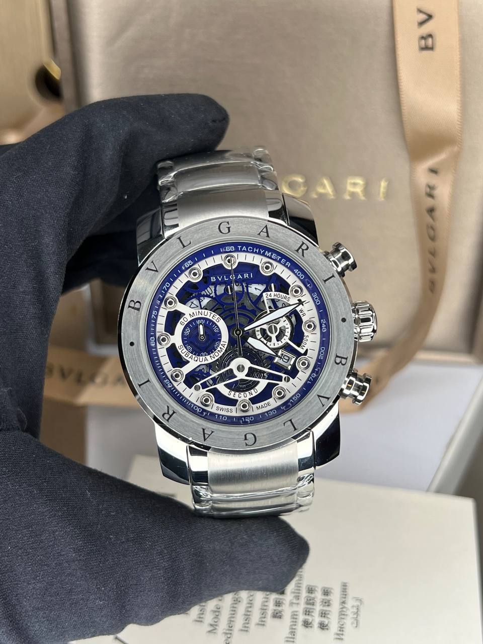 ساعت مچی مردانه بولگاری دارای نمایشگر تقویم (1) قاب سرمه ای بند استیل