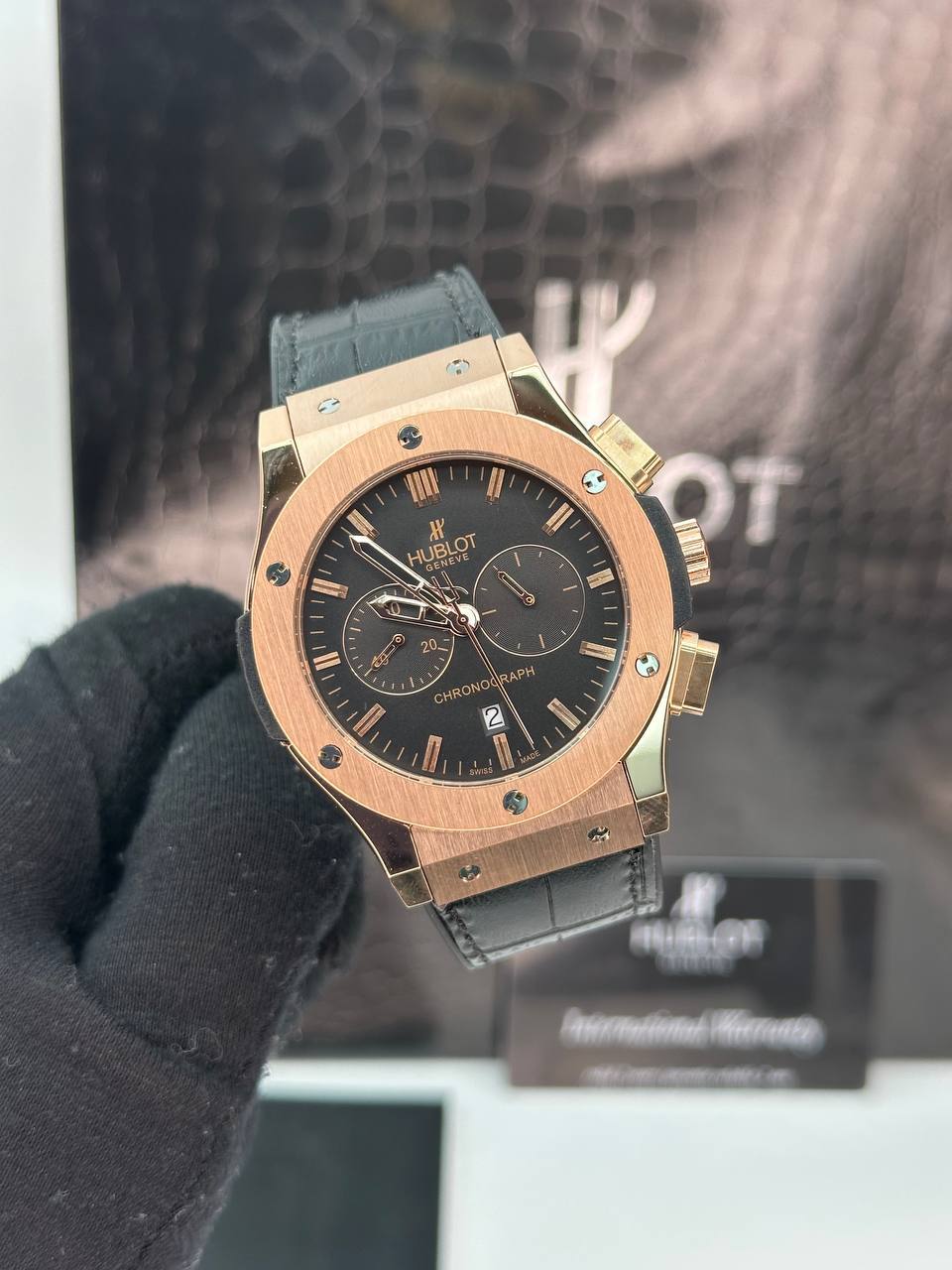 ساعت مچی مردانه هابولت برند چرمی (6) مشکی قاب رزگلد