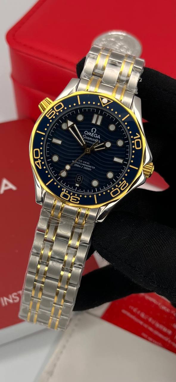 ساعت مچی مردانه امگا007 سیمستر اتومات بند استیل (5) سرمه ای طلایی